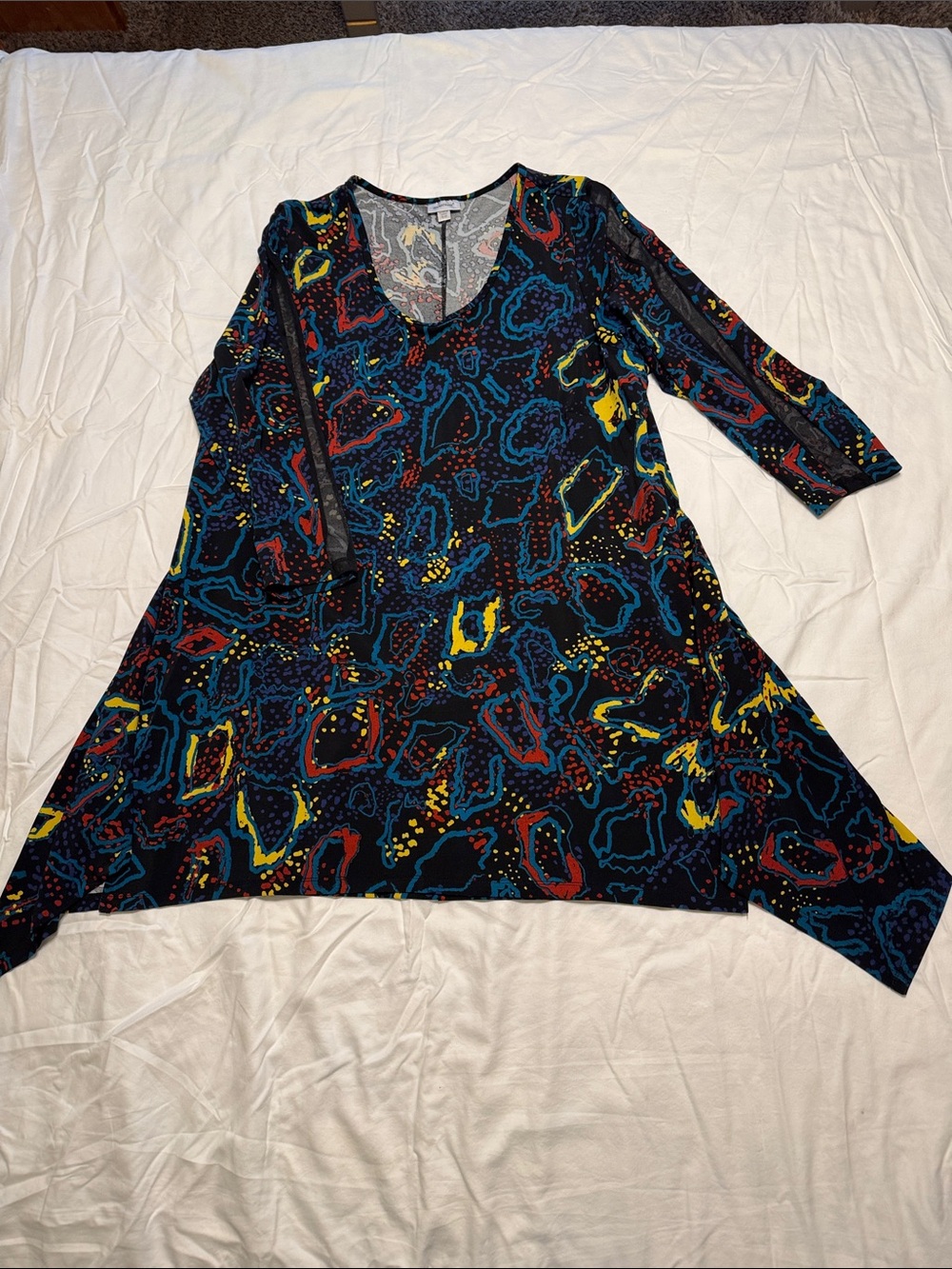 Avenue Long Sleeve A-Line shirt in Black, Blue, Yellow & Red Abstract Print.